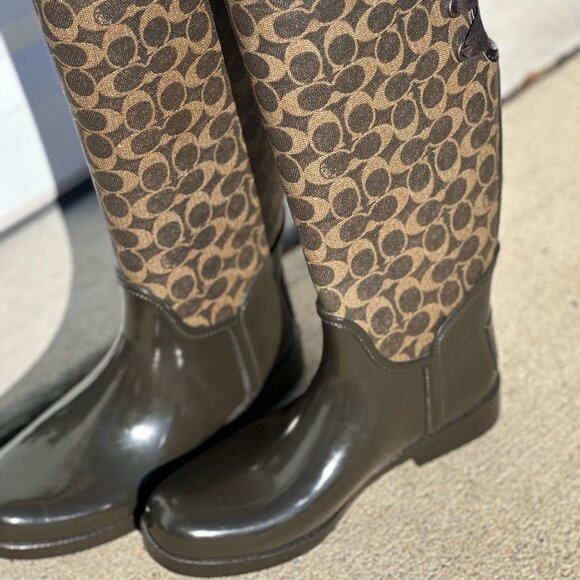 COACH Knee High Tristee Signature Monogram Brown Lace-Up Rain Boots Womens 9.5 - Picture 4 of 4